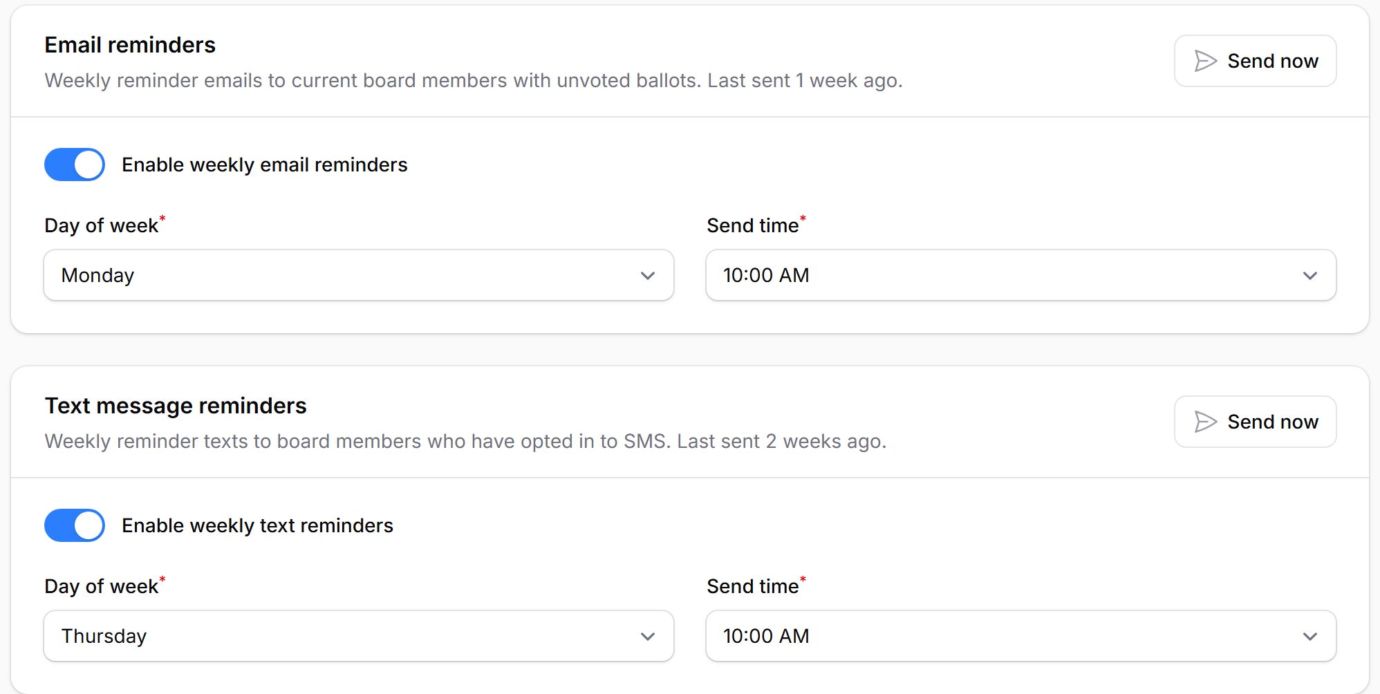 weekly email and text reminders for directors with ballots waiting