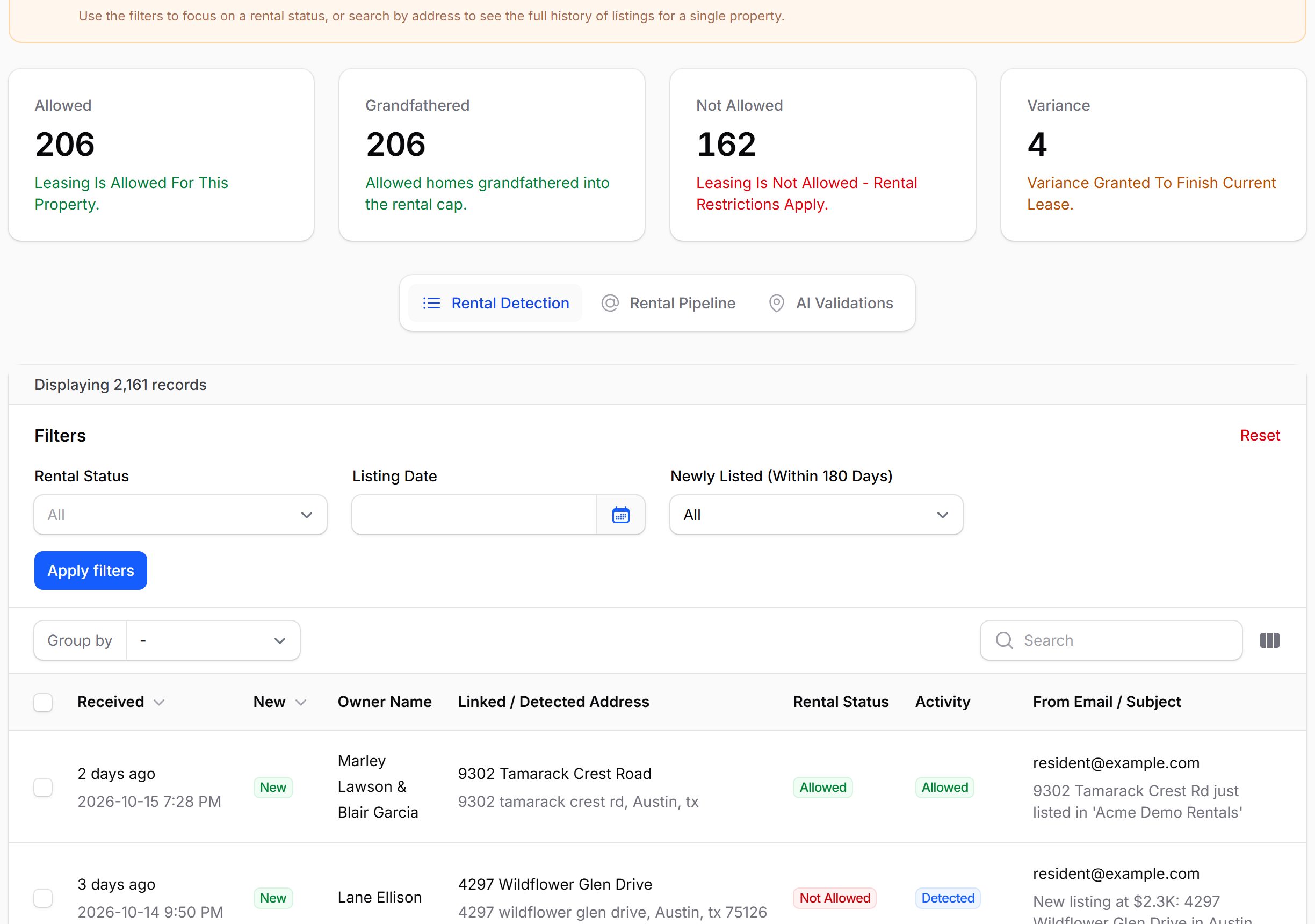 detected listings, each matched to a unit and its owner