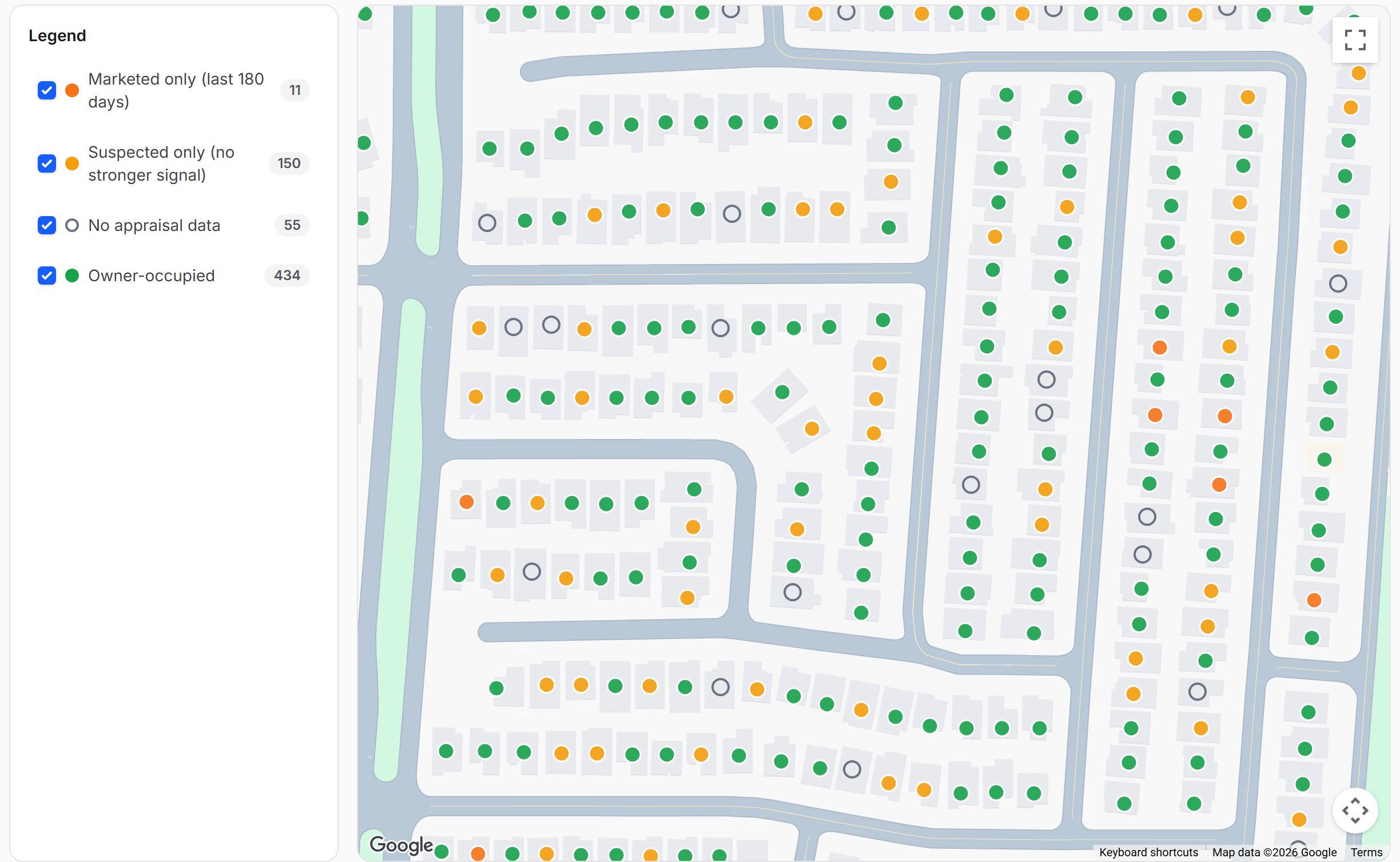 a few blocks of the community, each home colored by its rental status