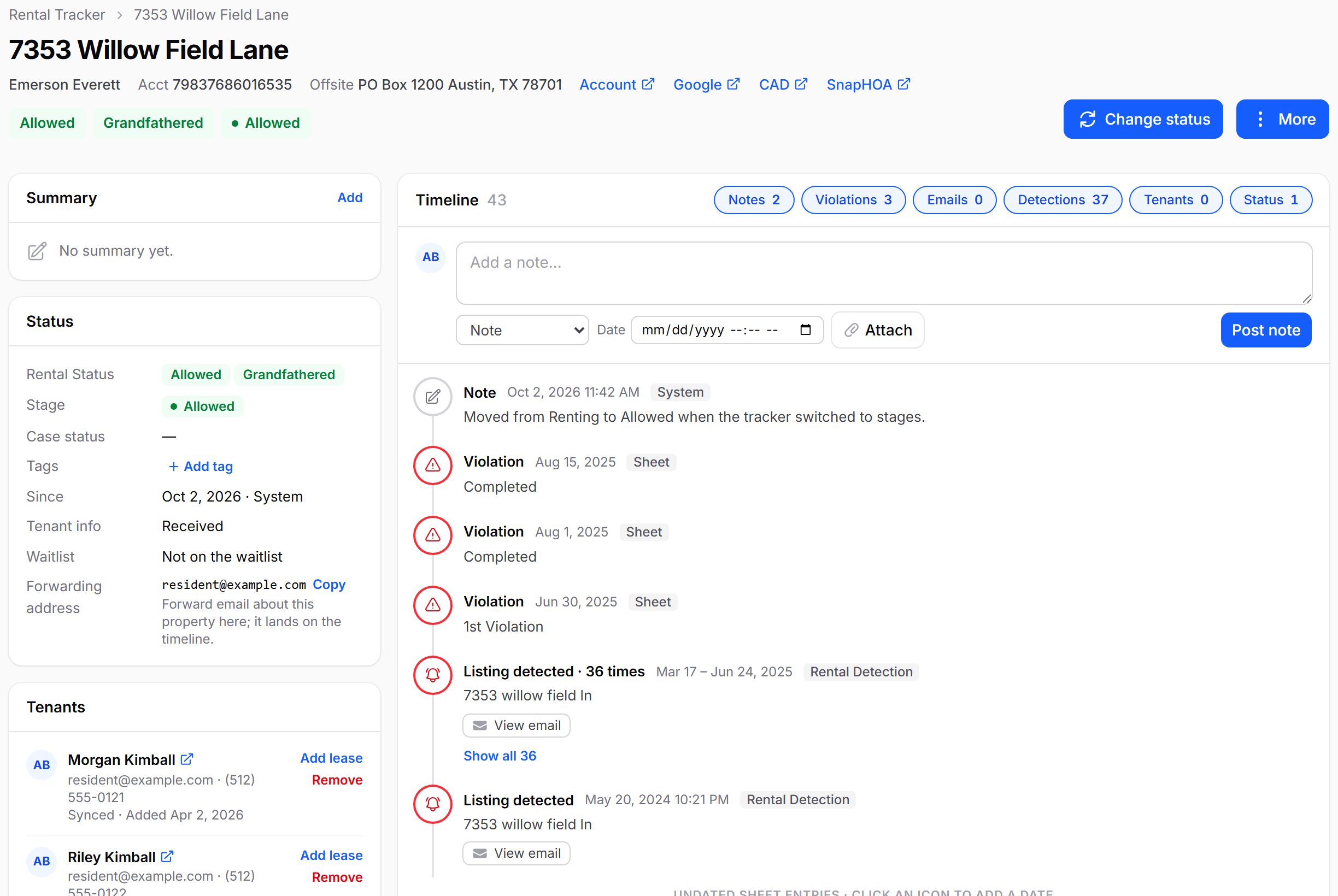 one property's status and full timeline