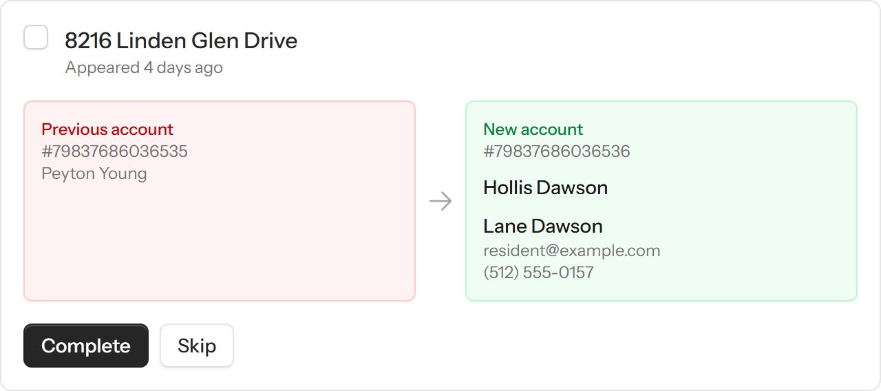 a new owner card showing the previous and new owner
